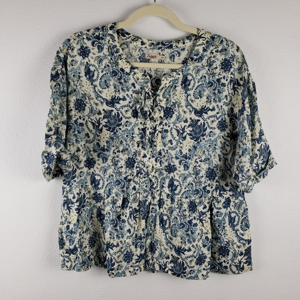 Faherty Women's Size M Shirt Sleeve Salinas Top Blue Baroque Floral 100% Linen